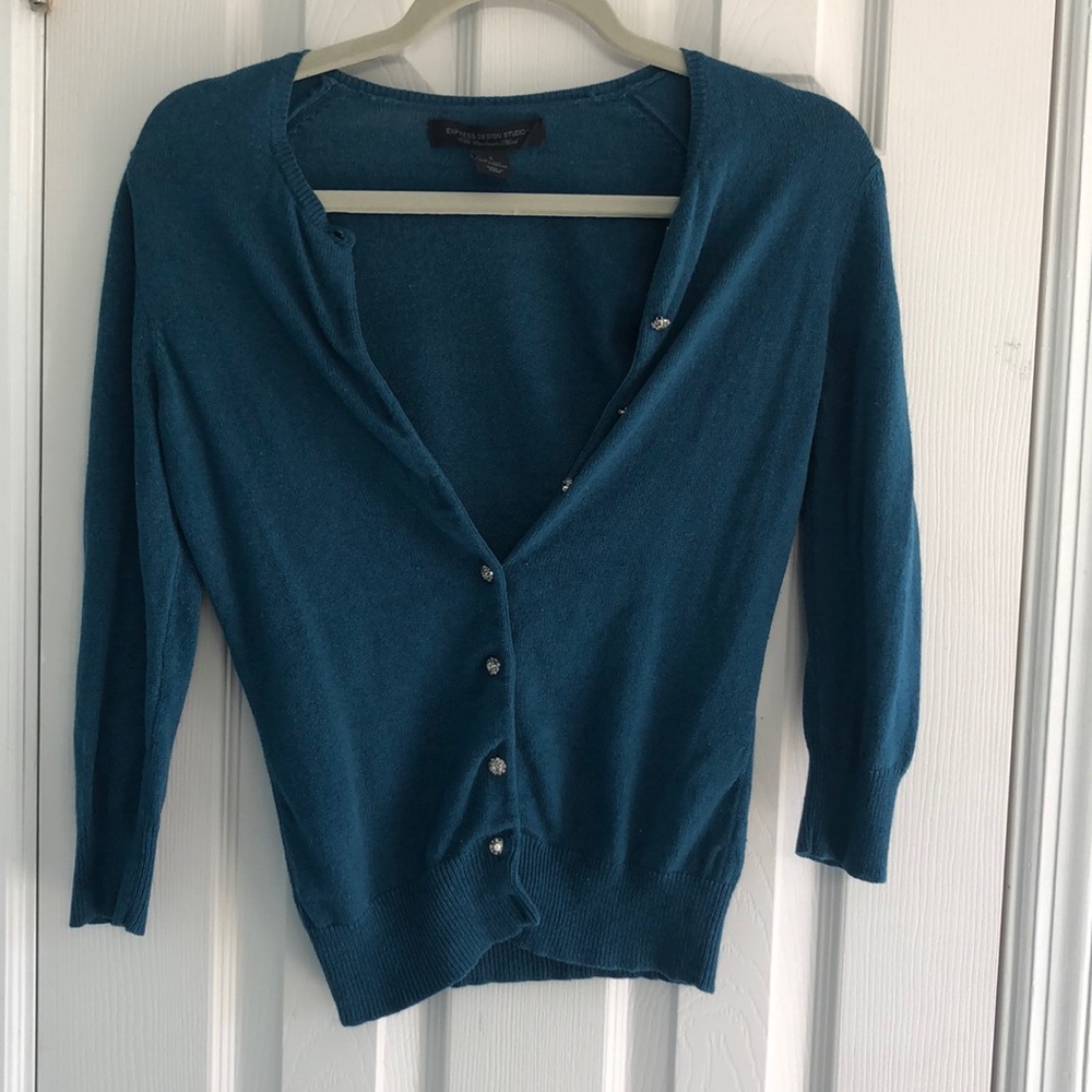 Teal cardigan with gemstone buttons
